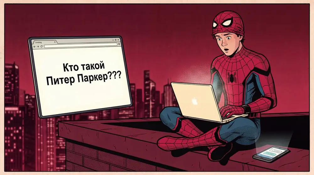 Питер собирает сайт себе, на экране «Кто такой Питер Паркер???»